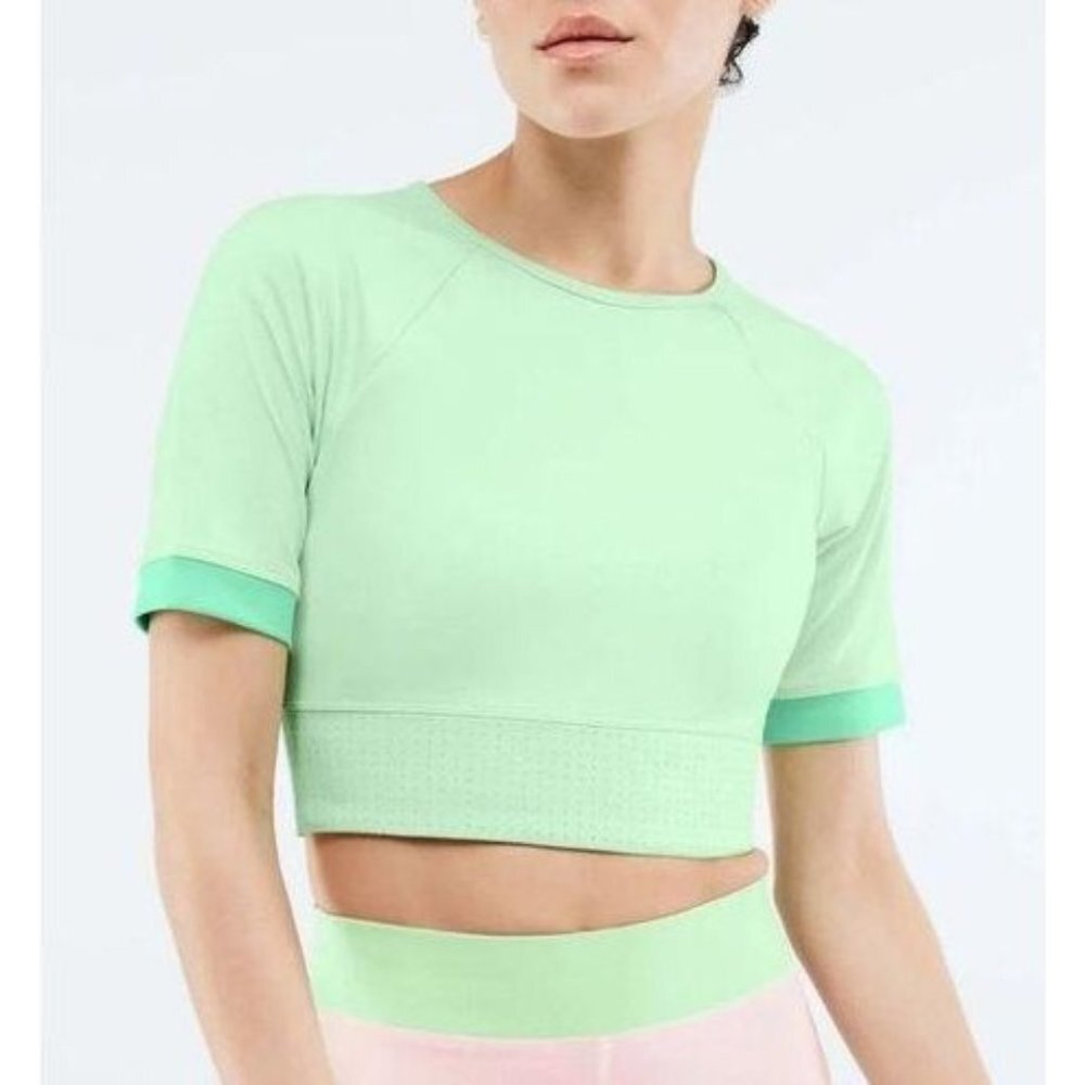 Fabletics Avah‎ Color Block Cut Off Sleeve Crop Top Women Size 2X Aloe Green